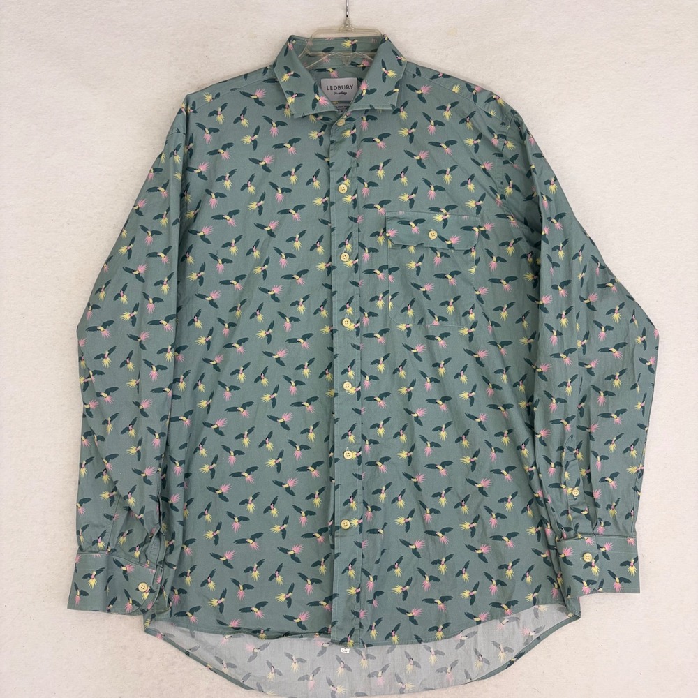 Ledbury Shirt Mens XL Classic Fit Green Parrot Bird Print Cotton Button Down